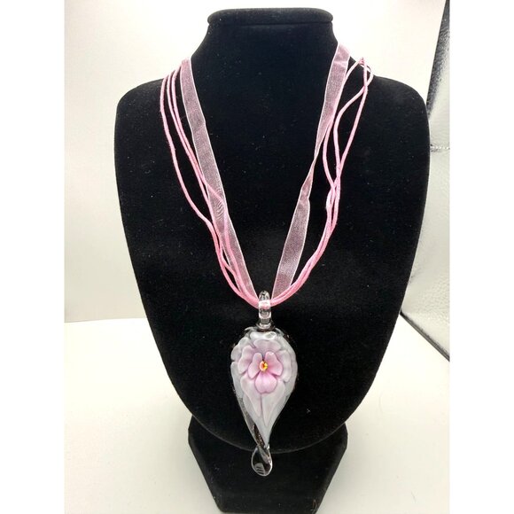 Murano Style Glass Flower Necklace & Earrings Set – Pink Ribbon Cord – Fashion J - Picture 2 of 16